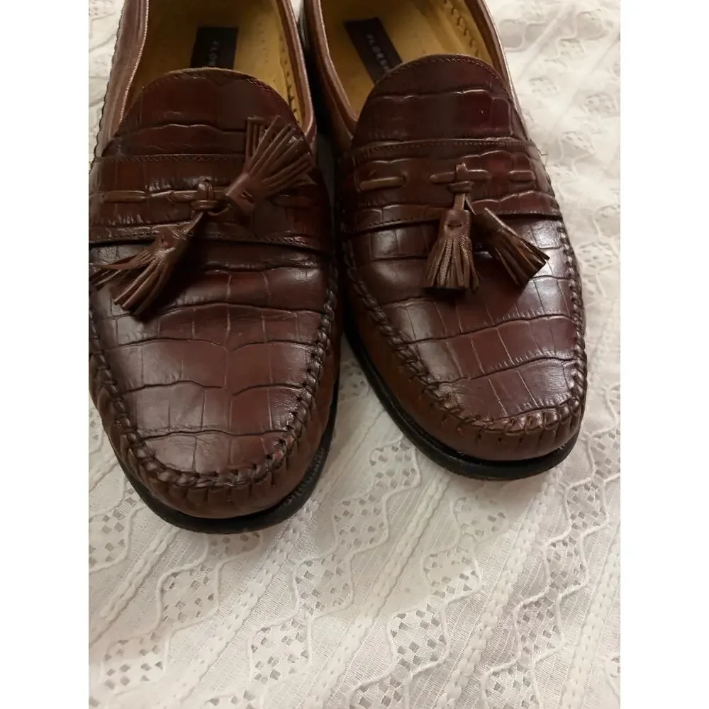 Florsheim Men's 10D Brown Croc Embossed Leather Tassel Loafers Dress Shoes